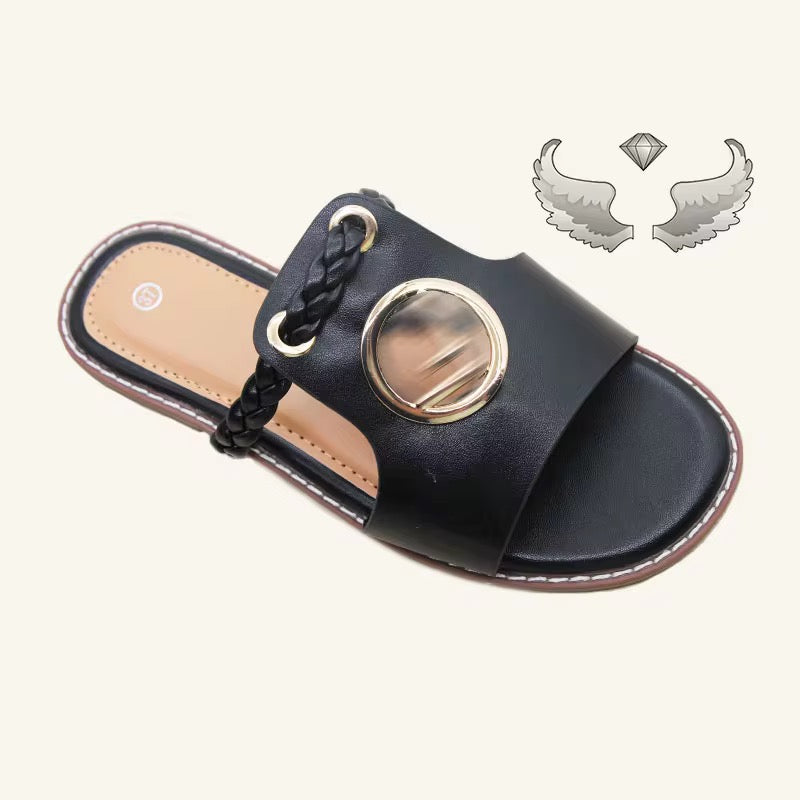 Women’s Flat Slide Sandals – Braided Strap Open Toe Slip-On with Gold Buckle, Summer Casual Comfort Sandals (Size 37-42)