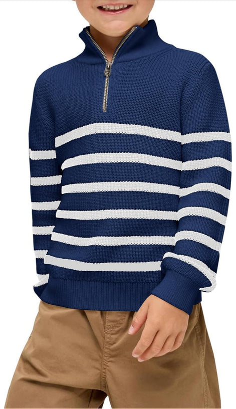 Boys Striped Quarter Zip Sweater - Long Sleeve Knit Pullover | AURORE LUXURE