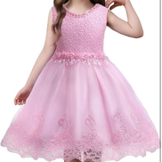 DreamHigh Flower Girl Dress for 3-10 Years Old Girls by AURORE LUXURE, shown on a young girl in a pink floral-embroidered dress with pearl details and a fluffy tulle skirt.