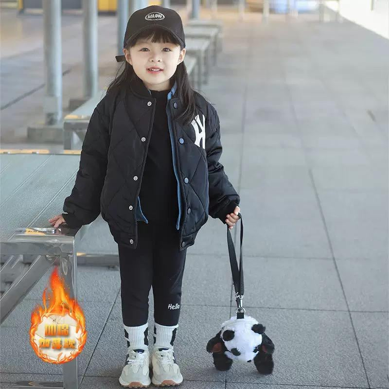Young girl wearing a black Boys' thickened winter baseball jacket by AURORE LUXURE, showcasing a trendy look for winter fashion.
