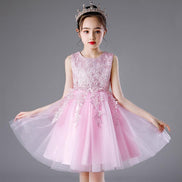 Pink Flower Girls Sleeveless Sequins Mesh Dress Lace A-line Bridesmaid Wedding Pageant Tulle Party Gown by AURORE LUXURE