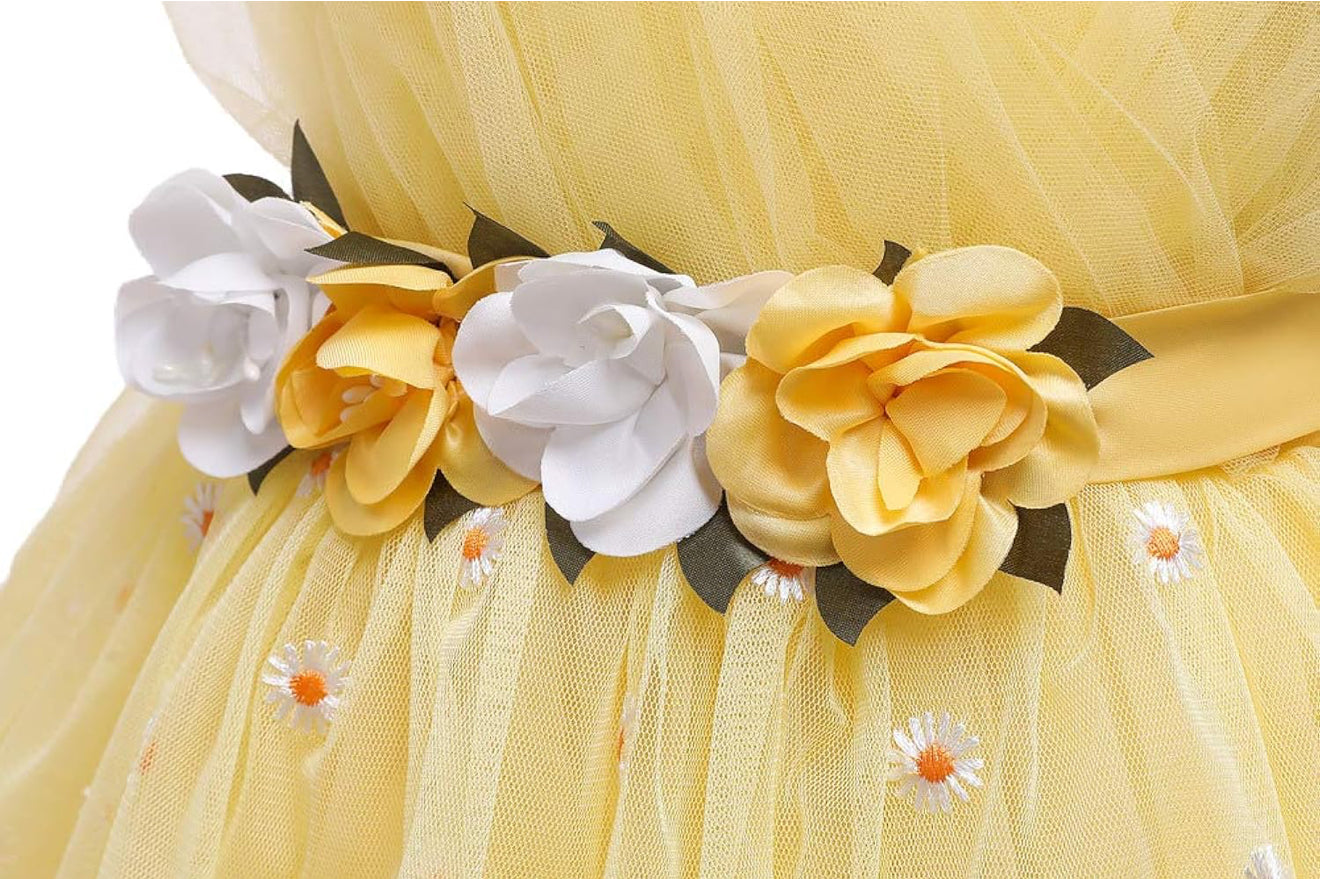 Back view of a happy girl wearing a yellow dress, representing the Baby Girls Dresses Summer collection.