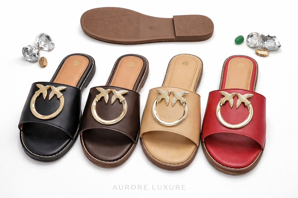 Women Luxury Slide Sandals – Gold Bird Ring Design (Sizes 37–42)