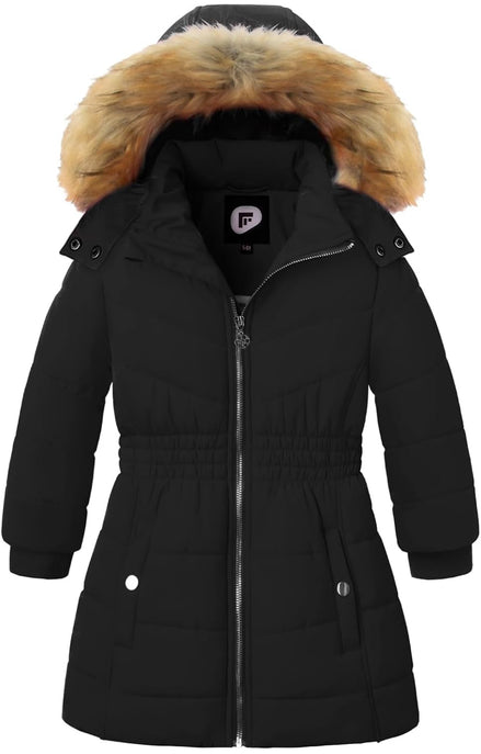 Girls’ Winter Long Puffer Coat – Warm Waterproof Fleece-Lined Jacket with Detachable Hood & Faux Fur Trim