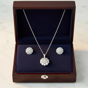Diamond Flower Cluster Pendant Necklace & Earrings Set (Sterling Silver)