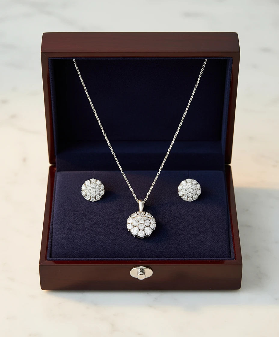 Diamond Flower Cluster Pendant Necklace & Earrings Set (Sterling Silver)