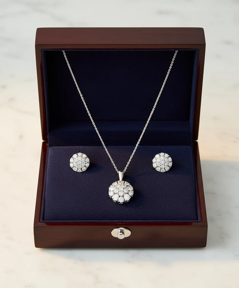 Diamond Flower Cluster Pendant Necklace & Earrings Set (Sterling Silver)