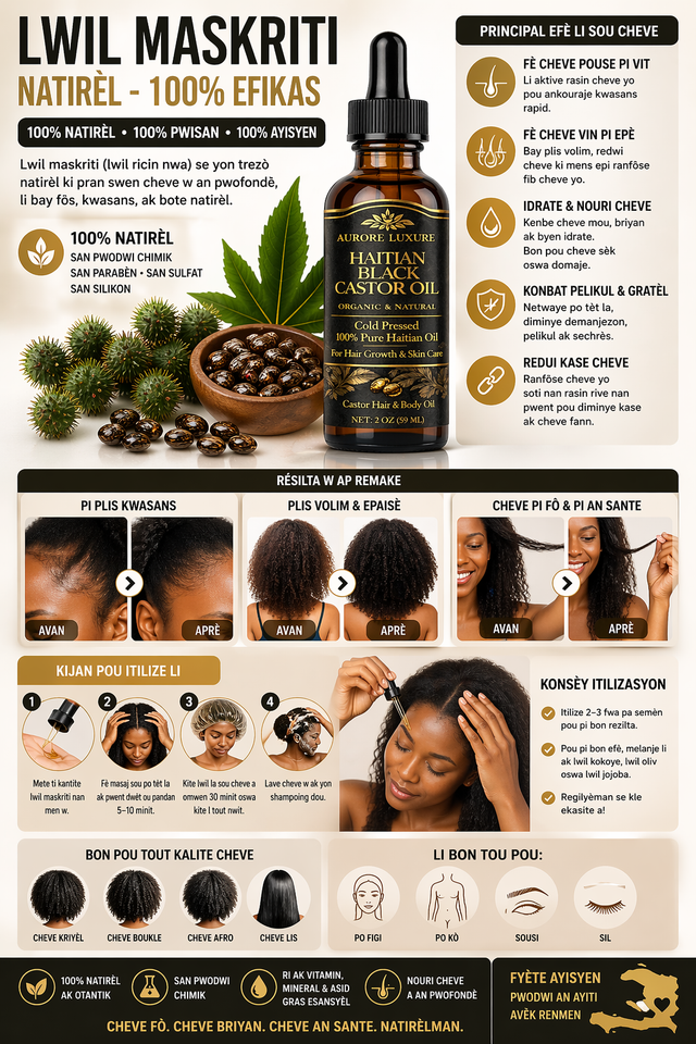 Aurore Luxure Haitian Black Castor Oil/ maskriti – Organic & Natural 100% Pure Castor Hair & Body Oil