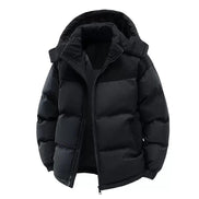 Mens Puffer Jacket Casual Warm Winter Jacket by AURORE LUXURE in black color with detachable hood, perfect for keeping warm during winter.