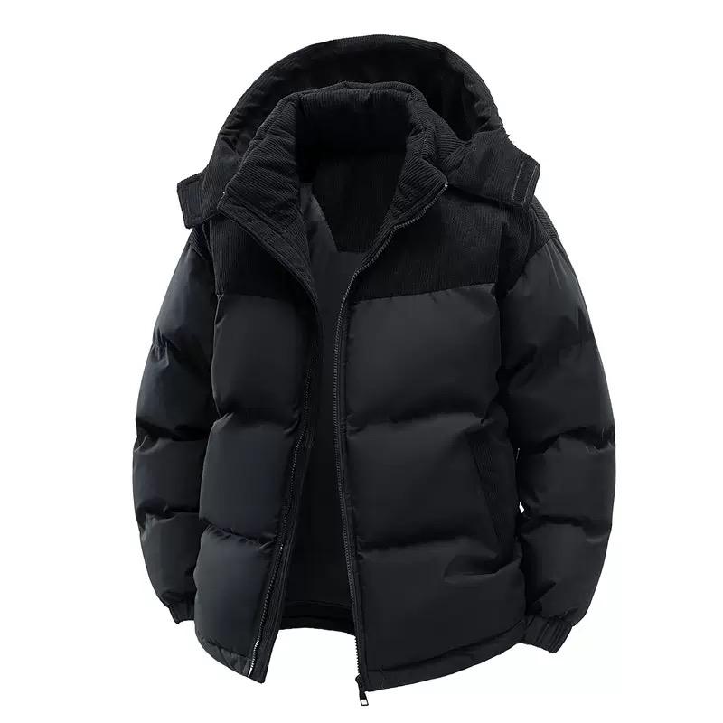 Mens Puffer Jacket Casual Warm Winter Jacket by AURORE LUXURE in black color with detachable hood, perfect for keeping warm during winter.
