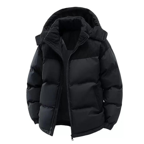 Mens Puffer Jacket Casual Warm Winter Jacket by AURORE LUXURE in black color with detachable hood, perfect for keeping warm during winter.