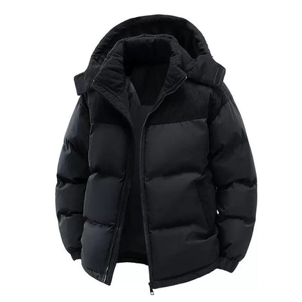 Mens Puffer Jacket Casual Warm Winter Jacket by AURORE LUXURE in black color with detachable hood, perfect for keeping warm during winter.