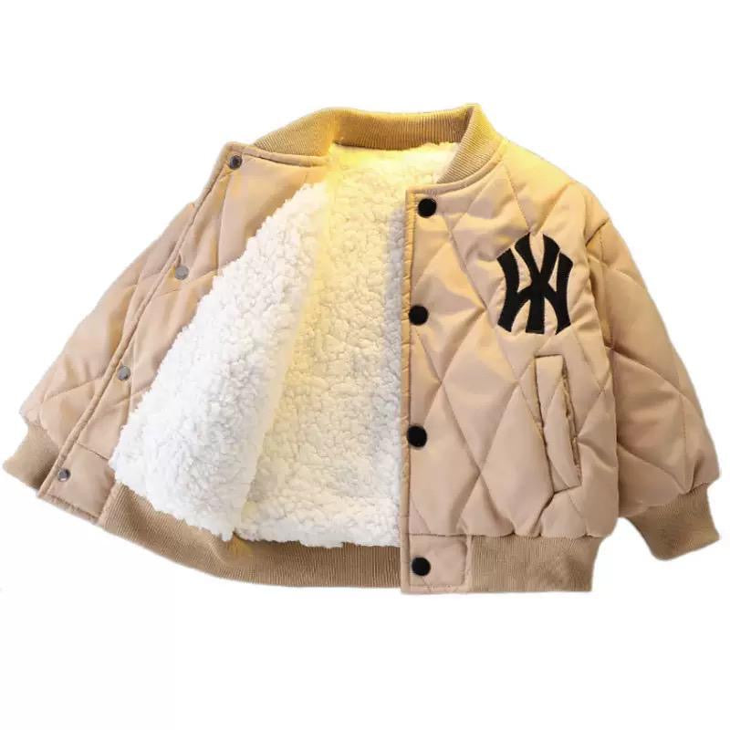Boys' thickened winter baseball jacket by AURORE LUXURE in a beige color, designed with a warm fluffy lining, ideal for winter outings.