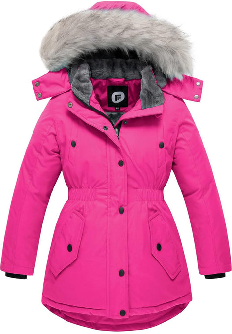 Girls’ Long Winter Coat – Warm Fleece-Lined Puffer Parka with Fur Hood