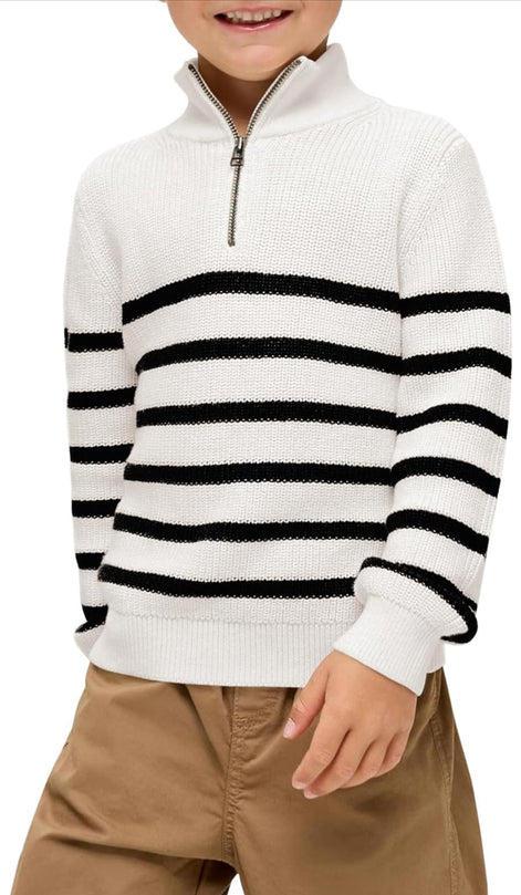 Boys Striped Quarter Zip Sweater - Long Sleeve Knit Pullover | AURORE LUXURE