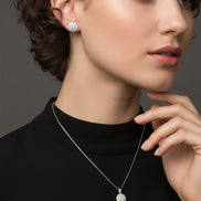 Diamond Flower Cluster Pendant Necklace & Earrings Set (Sterling Silver)