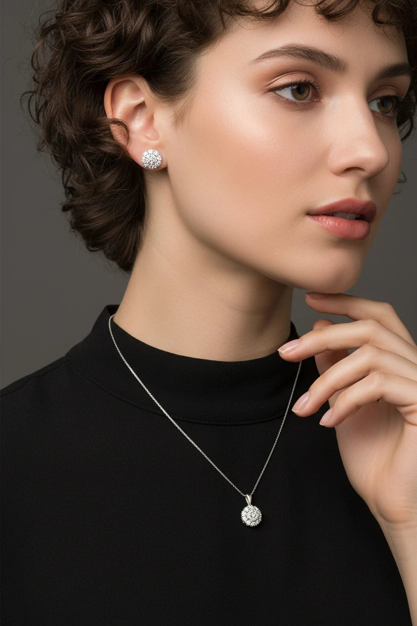 Diamond Flower Cluster Pendant Necklace & Earrings Set (Sterling Silver)