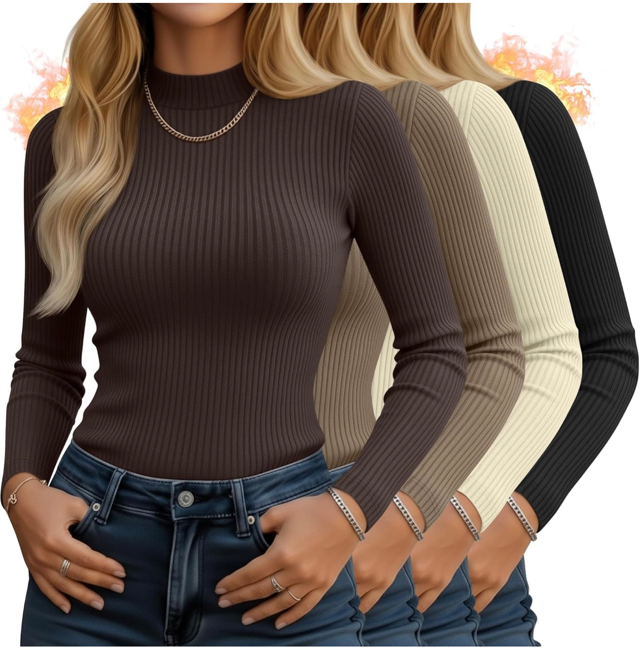 Women's 4-Pack Mock Neck Thermal Tops - Ribbed Base Layer Shirts | AURORE LUXURE