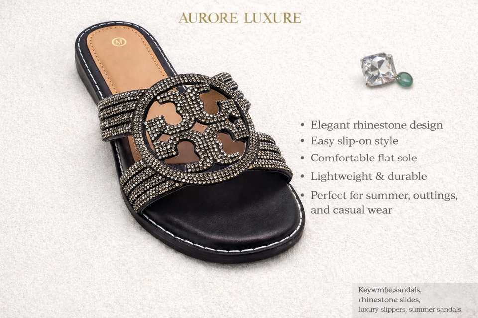Women Rhinestone Slide Sandals – Luxury Flat Slippers (Sizes 37–42)