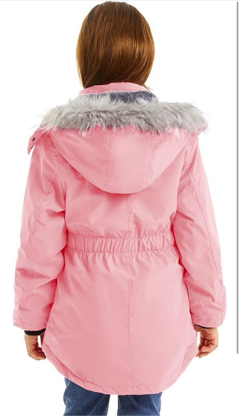 Girls’ Long Winter Coat – Warm Fleece-Lined Puffer Parka with Fur Hood