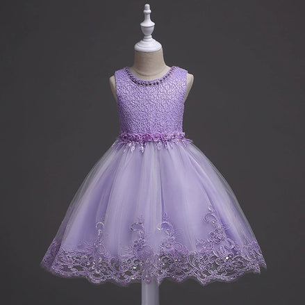 DreamHigh Flower Girl Dress for 3-10 Years Old Girls by AURORE LUXURE, showcasing an elegant purple floral-embroidered dress with intricate pearl details and a fluffy tulle skirt.