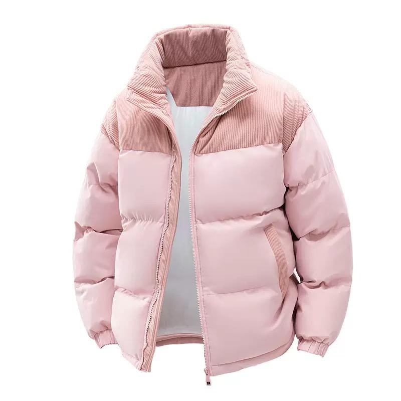 Mens Puffer Jacket Casual Warm Winter Jacket by AURORE LUXURE in light pink color designed with a detachable hood for cold weather comfort.