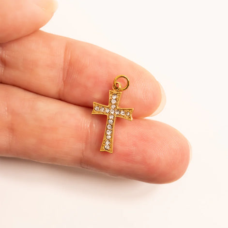 18K Gold PVD Stainless Steel Stone Cross Charm / PDL0306