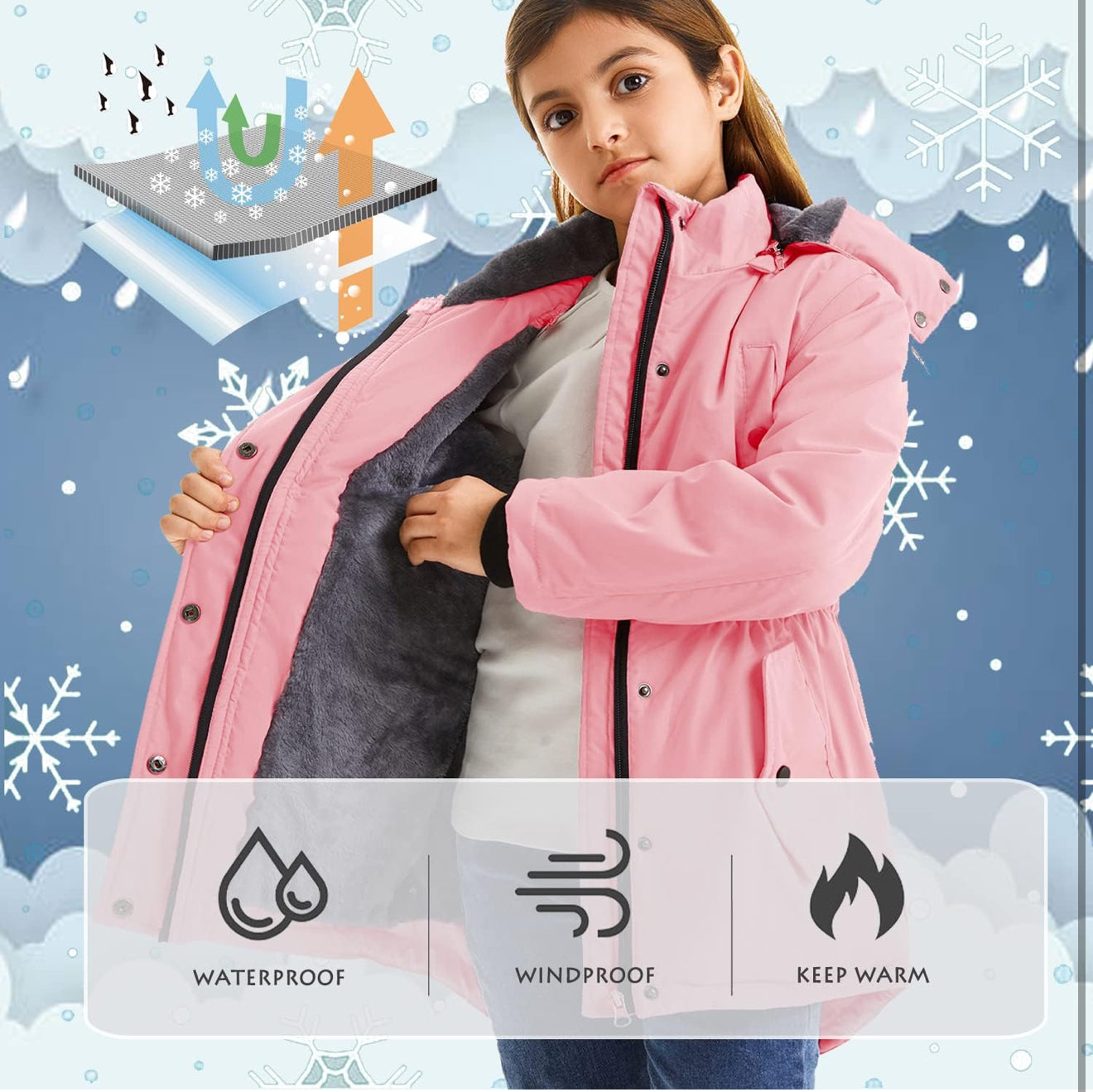 Girls’ Long Winter Coat – Warm Fleece-Lined Puffer Parka with Fur Hood