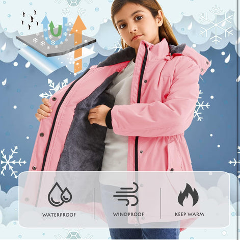 Girls’ Long Winter Coat – Warm Fleece-Lined Puffer Parka with Fur Hood
