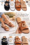 Women’s Flat Slide Sandals – Braided Strap Open Toe Slip-On with Gold Buckle, Summer Casual Comfort Sandals (Size 37-42)