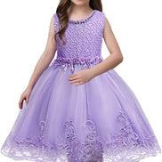 DreamHigh Flower Girl Dress for 3-10 Years Old Girls by AURORE LUXURE, featuring a charming pink dress with floral embroidery, pearl accents, and a fluffy tulle skirt.