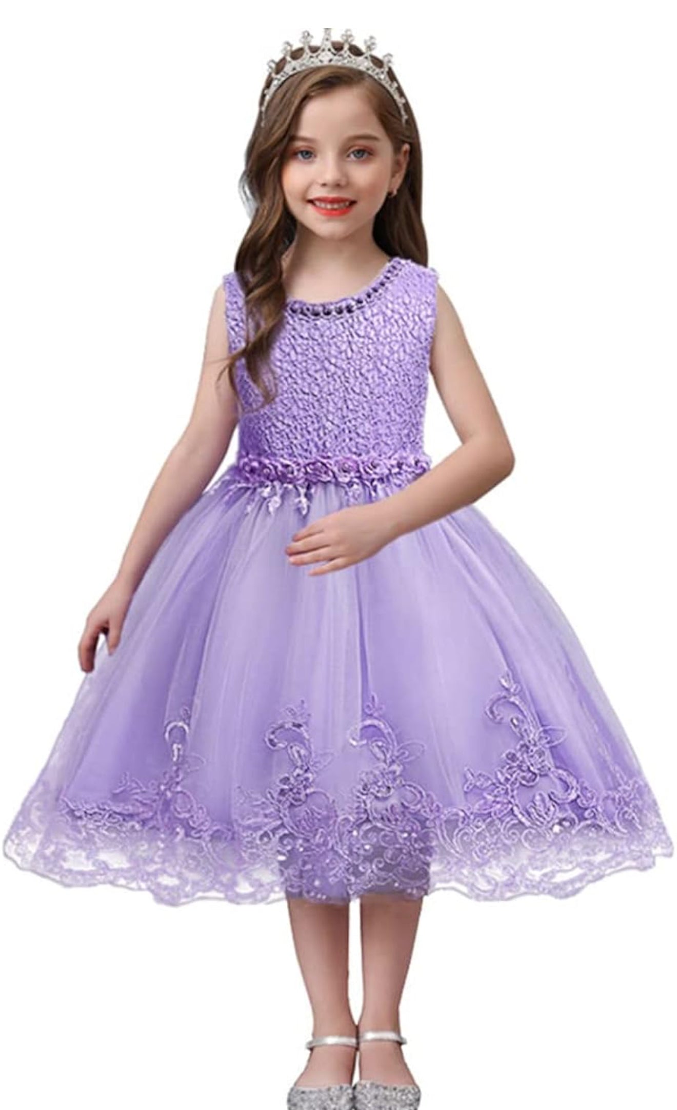 DreamHigh Flower Girl Dress for 3-10 Years Old Girls by AURORE LUXURE, featuring a charming pink dress with floral embroidery, pearl accents, and a fluffy tulle skirt.