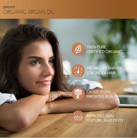 PURA D'OR 4 Oz Organic Moroccan Argan Oil – 100% Pure Cold-Pressed Virgin Grade – Lightweight Moisturizer for Skin, Face, Body & Hair – Helps Dry Skin, Scalp Care, Split Ends, Nails & Cuticles