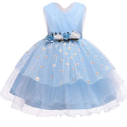 Stylish blue dress with floral embroidery, included in the Baby Girls Dresses Summer collection.