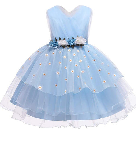 Stylish blue dress with floral embroidery, included in the Baby Girls Dresses Summer collection.