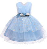 Stylish blue dress with floral embroidery, included in the Baby Girls Dresses Summer collection.