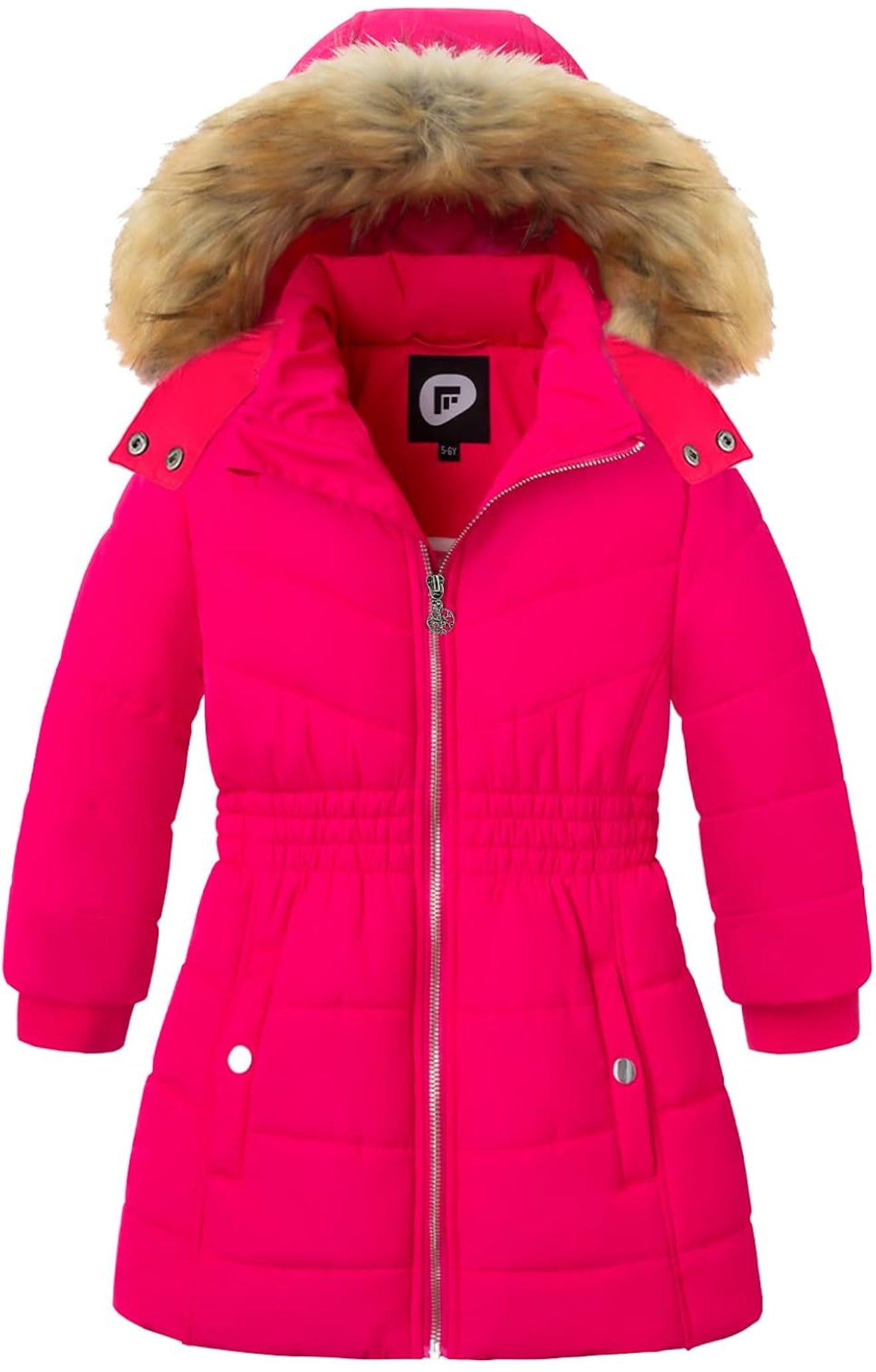 Girls’ Winter Long Puffer Coat – Warm Waterproof Fleece-Lined Jacket with Detachable Hood & Faux Fur Trim