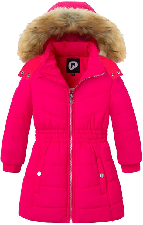 Girls’ Winter Long Puffer Coat – Warm Waterproof Fleece-Lined Jacket with Detachable Hood & Faux Fur Trim