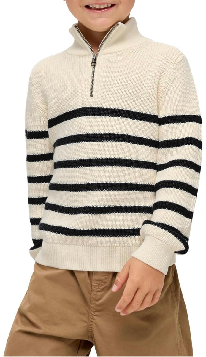 Boys Striped Quarter Zip Sweater - Long Sleeve Knit Pullover | AURORE LUXURE