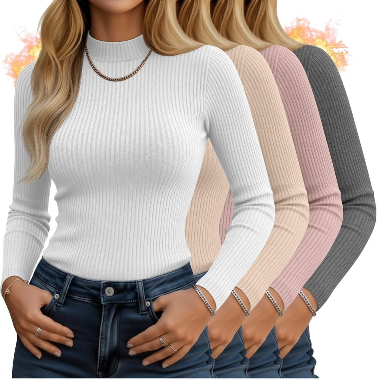 Women's 4-Pack Mock Neck Thermal Tops - Ribbed Base Layer Shirts | AURORE LUXURE
