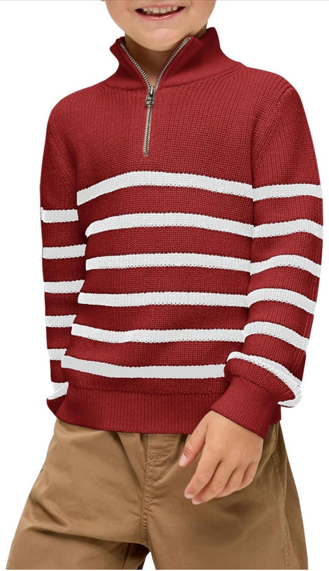 Boys Striped Quarter Zip Sweater - Long Sleeve Knit Pullover | AURORE LUXURE