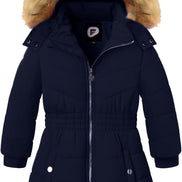 Girls’ Winter Long Puffer Coat – Warm Waterproof Fleece-Lined Jacket with Detachable Hood & Faux Fur Trim