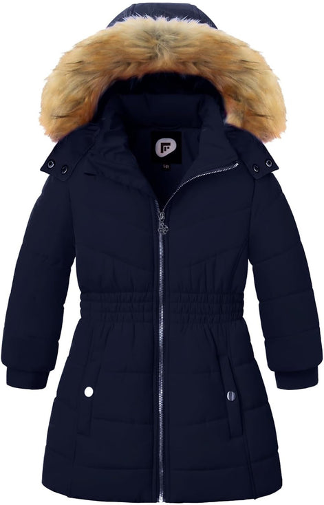 Girls’ Winter Long Puffer Coat – Warm Waterproof Fleece-Lined Jacket with Detachable Hood & Faux Fur Trim