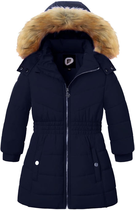 Girls’ Winter Long Puffer Coat – Warm Waterproof Fleece-Lined Jacket with Detachable Hood & Faux Fur Trim