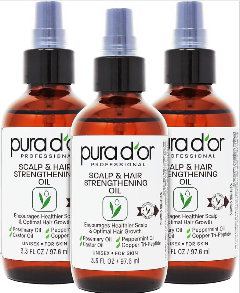 PURA D'OR Scalp & Hair Strengthening Oil with Rosemary Castor Peppermint Oil 3.3 Oz
Supports Optimal Growth, Reduce Breakage, Nourish Roots, Healthier, Fuller, Thicker Hair, Stronger Strands Ft
