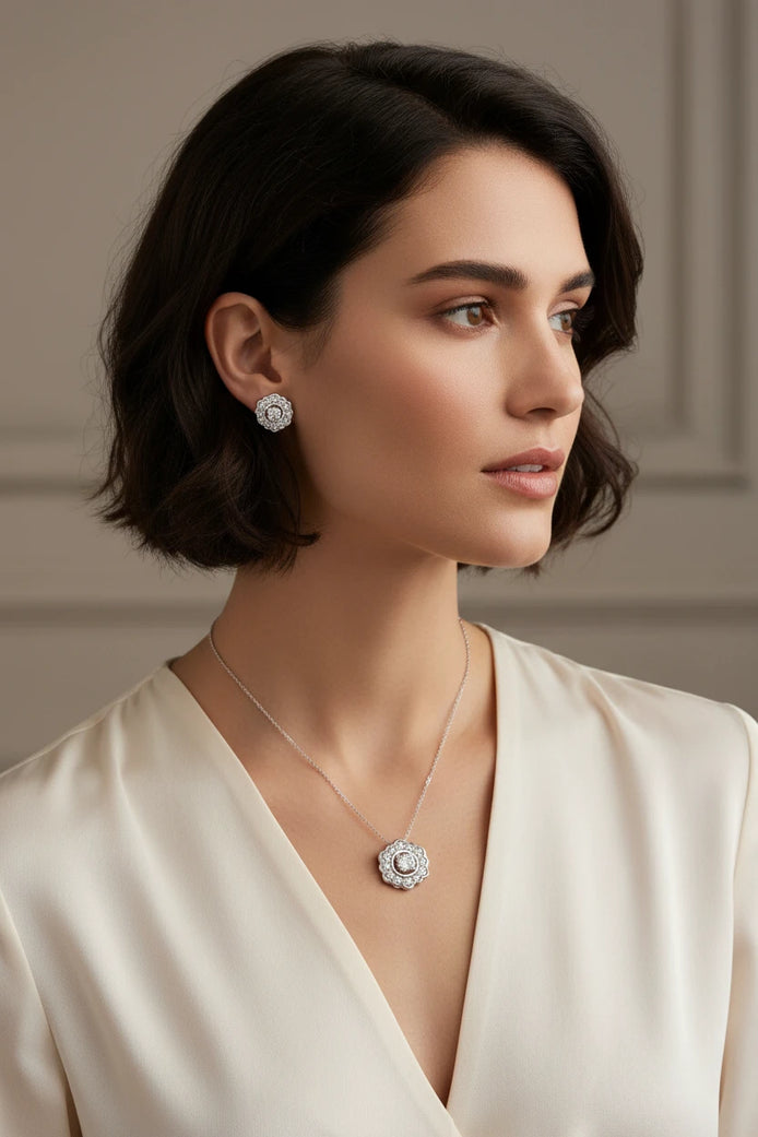 Delicate 2-Pc. Diamond Flower Pendant Necklace & Matching Stud Earrings Set in Sterling Silver (1/6 ct. t.w.)