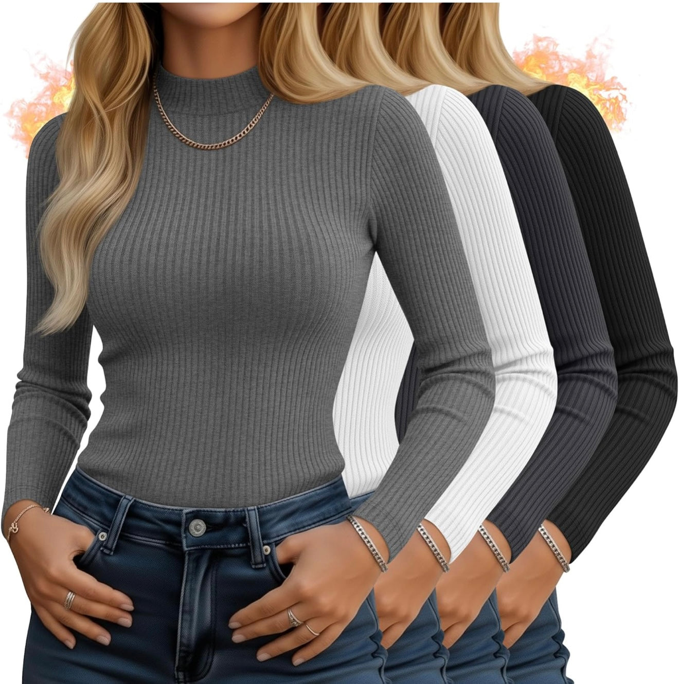 Women's 4-Pack Mock Neck Thermal Tops - Ribbed Base Layer Shirts | AURORE LUXURE