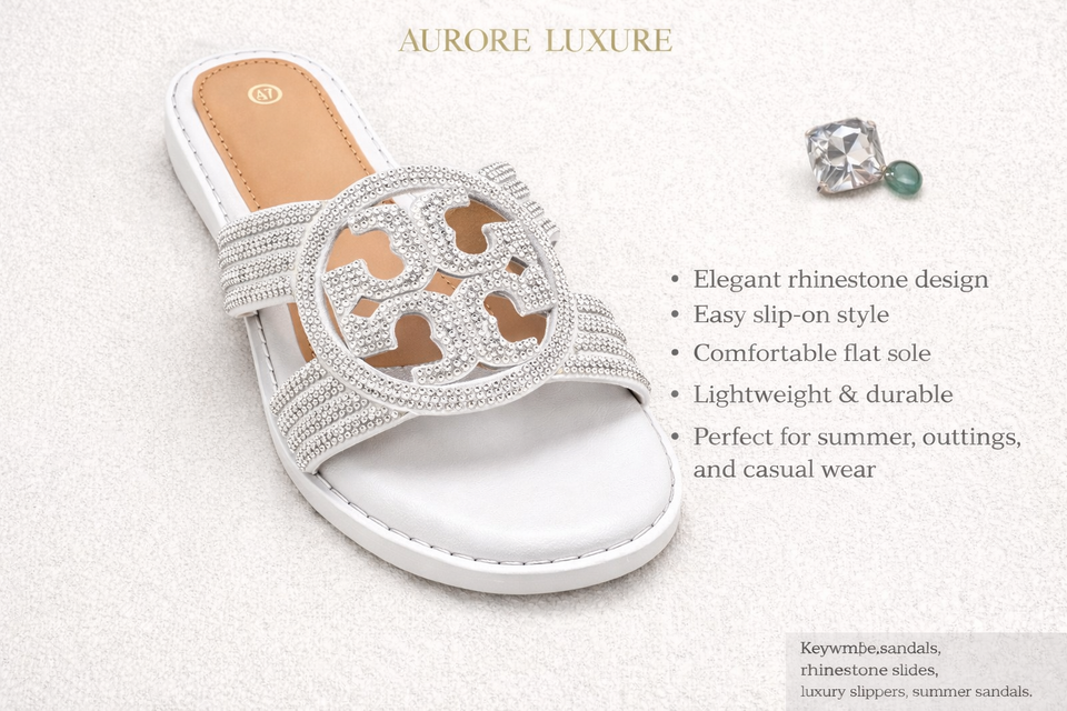 Women Rhinestone Slide Sandals – Luxury Flat Slippers (Sizes 37–42)