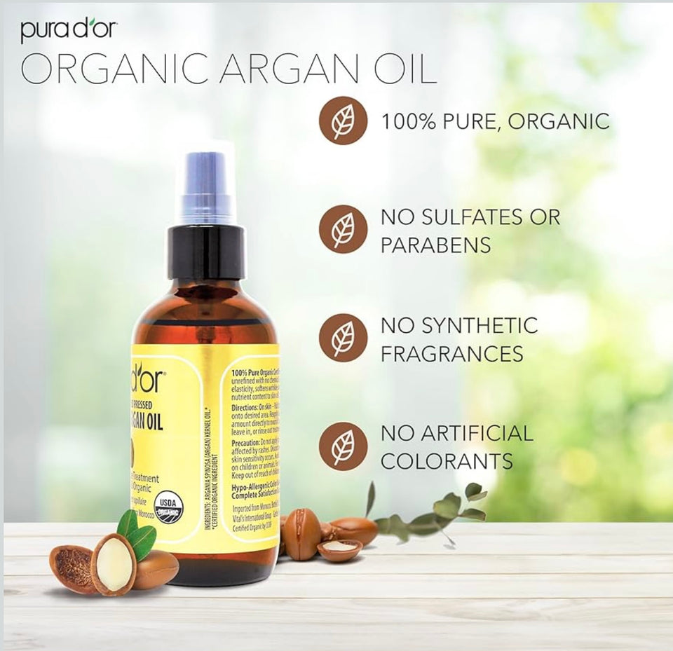 PURA D'OR 4 Oz Organic Moroccan Argan Oil – 100% Pure Cold-Pressed Virgin Grade – Lightweight Moisturizer for Skin, Face, Body & Hair – Helps Dry Skin, Scalp Care, Split Ends, Nails & Cuticles