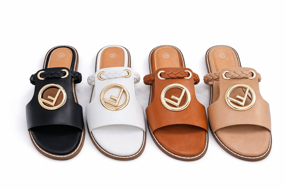 Women’s Flat Slide Sandals – Braided Strap Open Toe Slip-On with Gold Buckle, Summer Casual Comfort Sandals (Size 37-42)